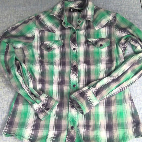 Cruel Girl Western Pearl Snap Flannel Shirt Button Up Plaid Women's Small - Picture 1 of 8